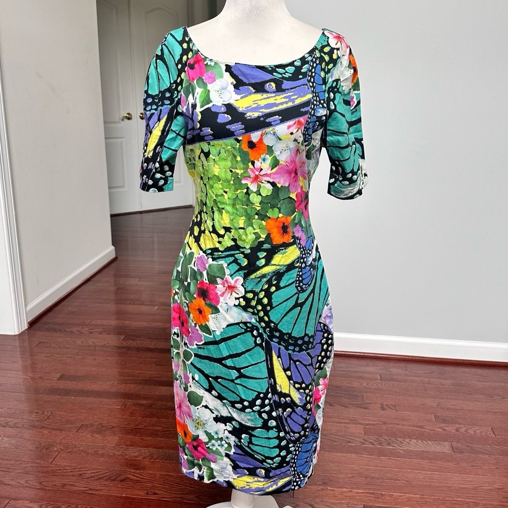 Hale Bob Quarter Sleeve Butterfly Floral Multicolored 97% Cotton Cocktail Dress